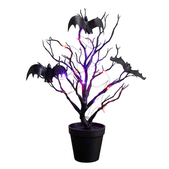 16" Pre-Lit Artificial Halloween Black Spooky Twig Tree with Bats and 20 Orange & Purple LED Lights